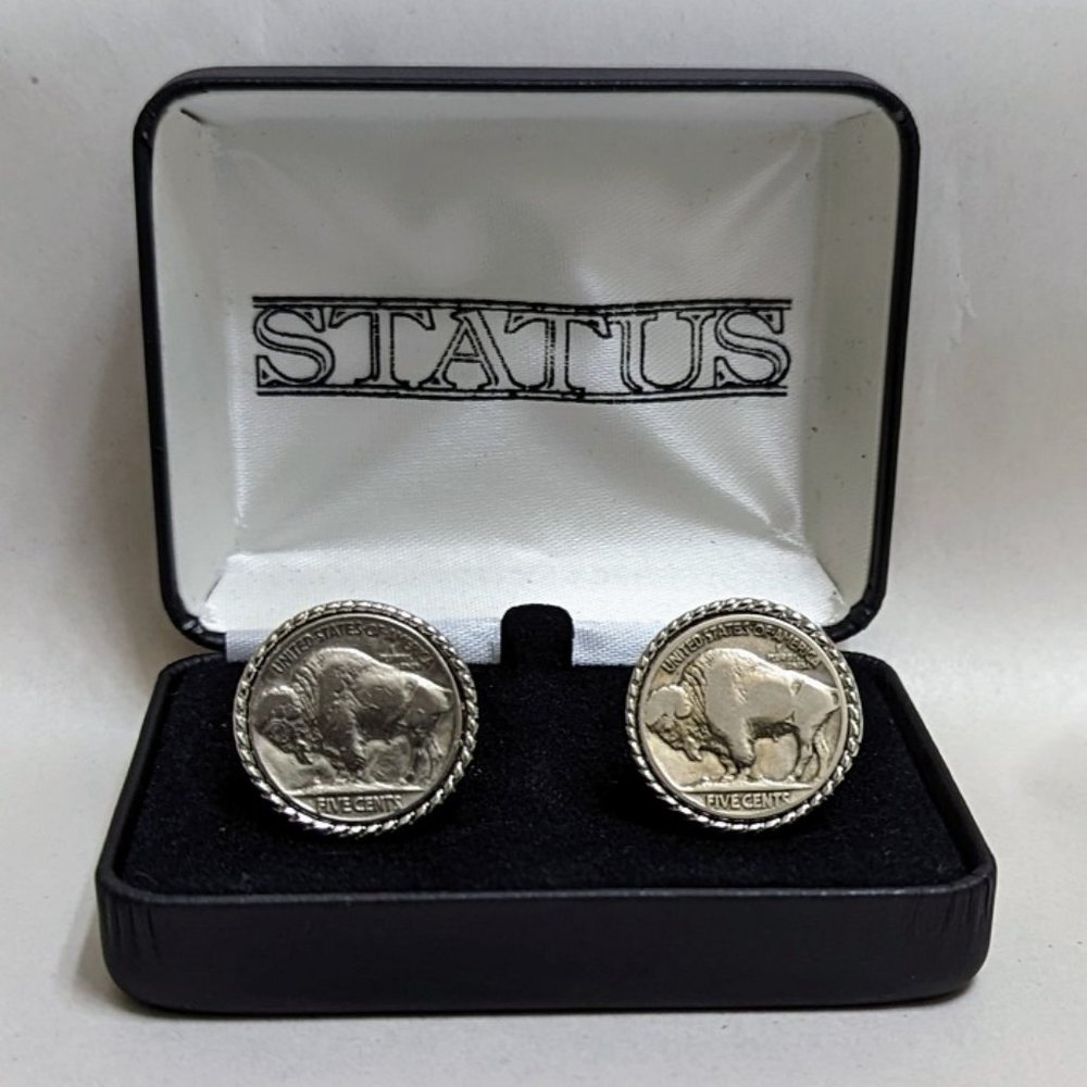 🆕 BUFFALO NICKEL CUFF LINKS w/ POLISHED SILVER PLATE ROPE EDGE - MEN